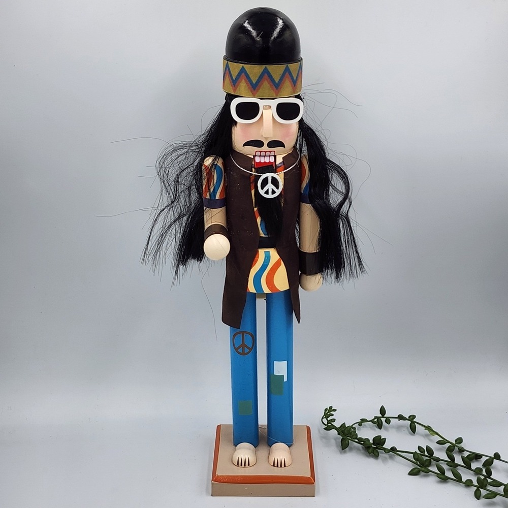 Groovy Hippie Nutcracker Wood Peace Love Sunglasses Retro Colorful Decor 16"